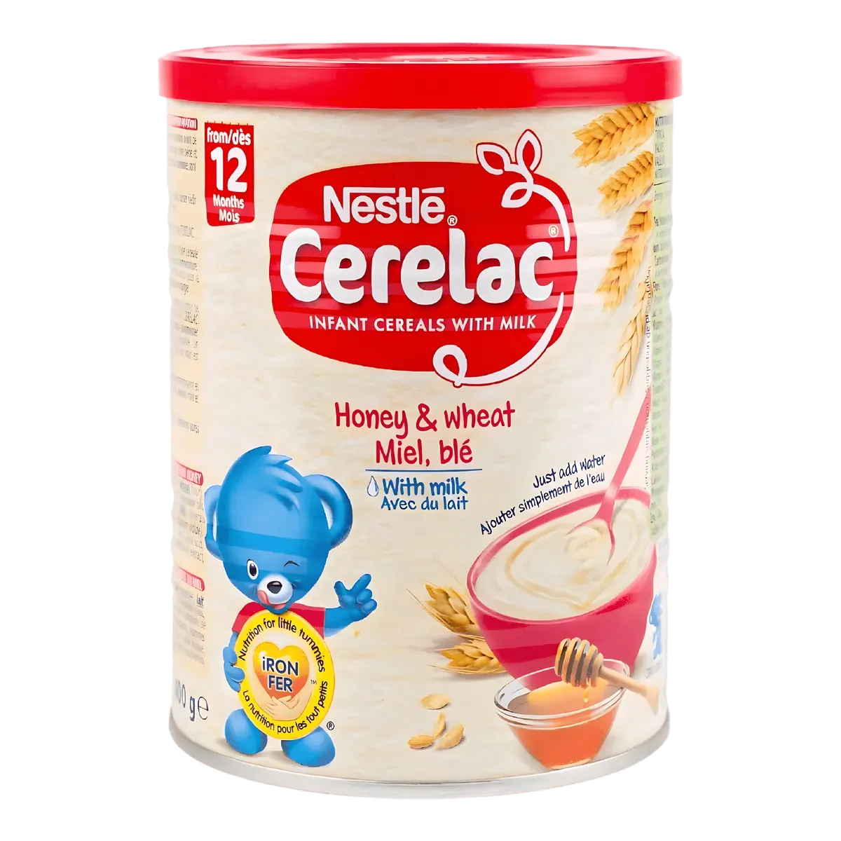 Boîte de céréale infantile blé miel lait NESTLÉ pour bébés dès 6 mois, enrichie en fer, affichée sur fond blanc avec visuel de bol et ours bleu.